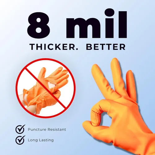 Vista 7 de HandCare - Guantes desechables de nitrilo naranja de 8 mil, sin látex, agarre texturizado de diamante para uso mecánico, trabajo y limpieza