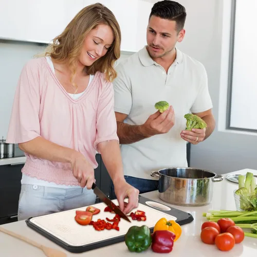 Vista 6 de APSARAS USA Tabla de cortar de doble cara, tabla de cortar de acero inoxidable de grado alimenticio para cocina, paja de trigo PP, tabla de cortar