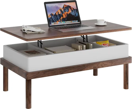 Vista 9 de Shintenchi Mesa auxiliar, mesa de centro elevable con compartimento oculto, mesa de comedor de mesa elevada, mesa central elevadora para sala