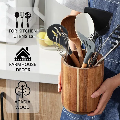 Vista 4 de Soporte para utensilios de madera de acacia para encimera de cocina, giratorio de 360° de 7.2 pulgadas, recipiente de madera para utensilios