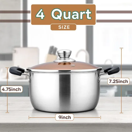 Vista 2 de LIANYU Olla de 4 cuartos de galón, olla de pasta de sopa de acero inoxidable con tapa transparente, olla resistente para hervir a fuego lento, mango