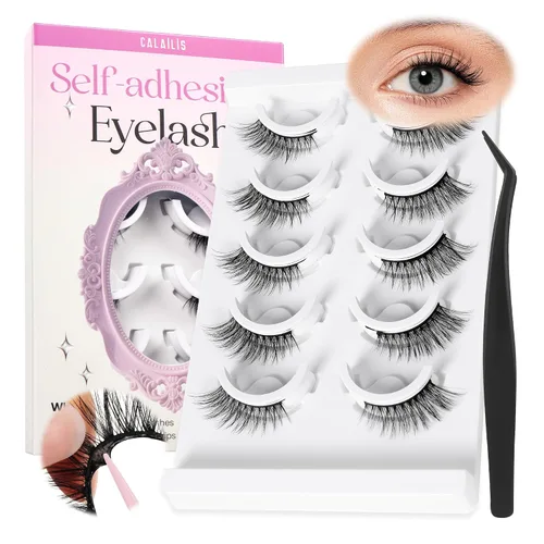 Vista 17 de CALAILIS Pestañas autoadhesivas, 5 pares de pestañas postizas a presión de aspecto natural, sin pegamento, reutilizables, pestañas postizas