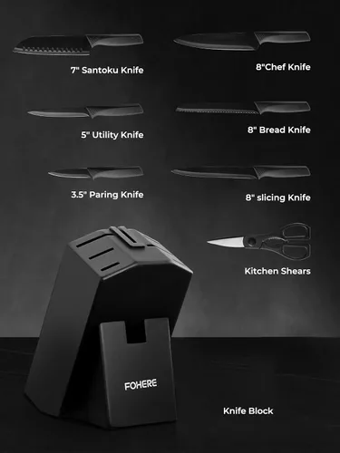Vista 8 de FOHERE - Juego de cuchillos de cocina de 8 piezas con bloque de acero inoxidable de alto carbono, juego de bloques de cuchillos autoafilables
