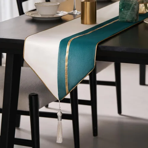 Vista 9 de Avigers Camino de mesa negro dorado con borlas, 12 x 59 pulgadas, moderno camino de mesa geométrico de lujo para mesa auxiliar, mesa de comedor