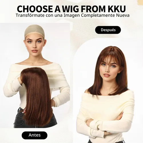 Vista 3 de KKU Pelucas de cabello humano de 16 pulgadas para mujer, peluca de cabello lacio en capas con flequillo, realismo natural, pelucas de cabello real