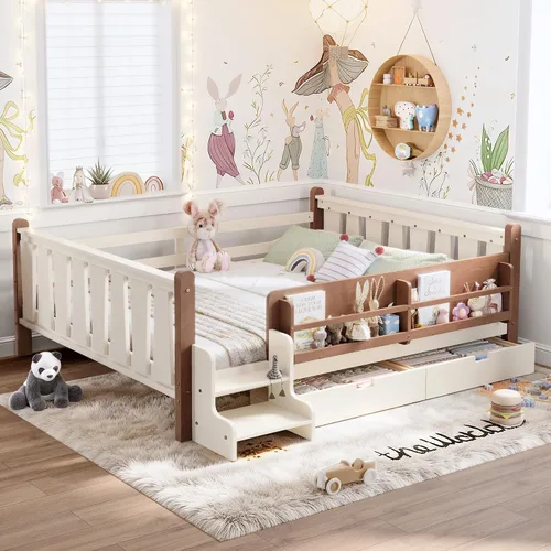 Vista 15 de Cama Montessori de tamaño matrimonial con estantería, cajones de Natural