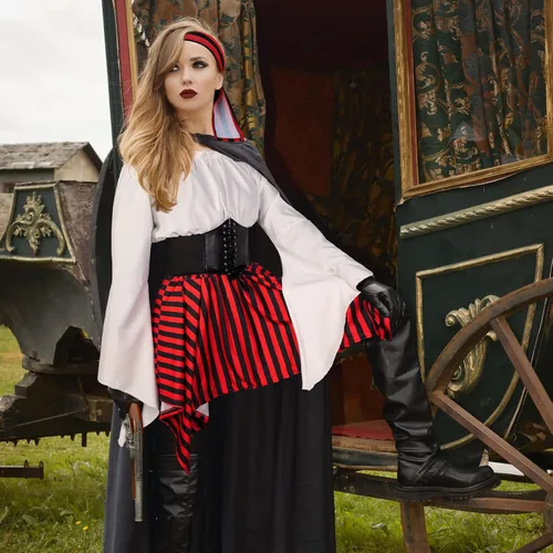Vista 7 de Shihanee Disfraz de pirata para mujer, blusa renacentista, blusa con corsé, falda pirata, accesorios medievales para disfraz de Halloween