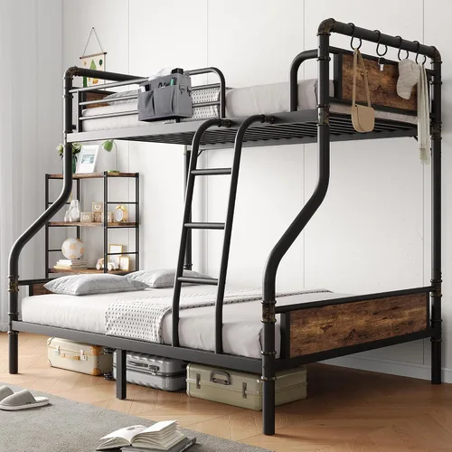 Vista 11 de Jocoevol Litera Doble sobre Doble, literas de metal resistente con escalera y barandilla de longitud completa, convertible en 2 camas individuales