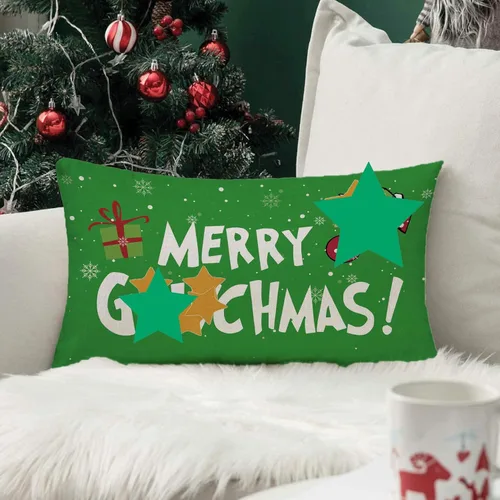 Vista 3 de Funda de almohada con texto en inglés "Merry Christmas", color verde, decoración de Navidad, funda de cojín de lino, 12 x 20 pulgadas
