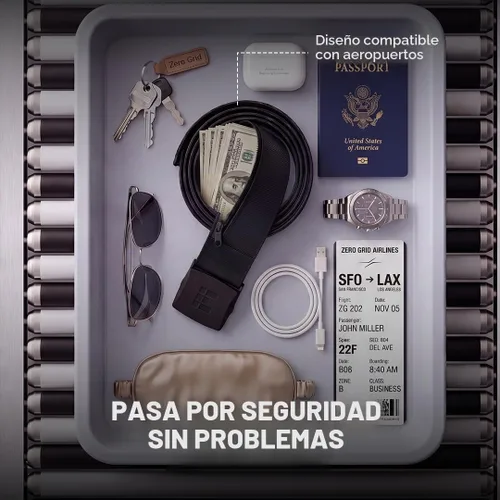 Vista 3 de Zero Grid Cinturón de seguridad de viaje negro, bolsillos ocultos