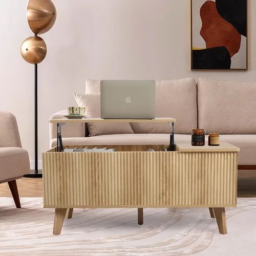 Vista 5 de Mesa auxiliar bohemia con tapa elevable con almacenamiento para sala de estar, dormitorio, mesa auxiliar rectangular baja acanalada con cajones