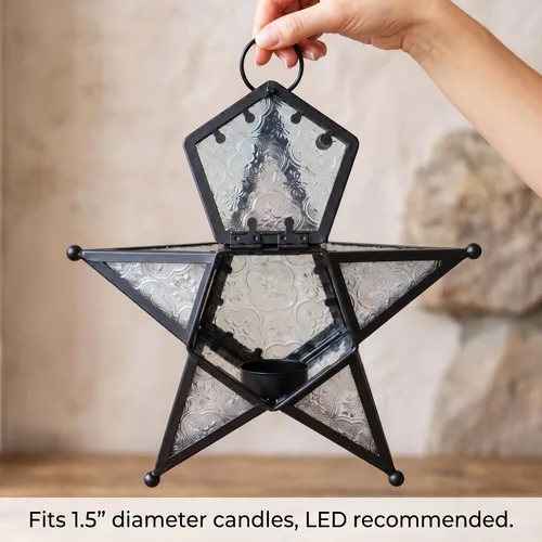 Vista 7 de Juego de 2 Faroles portavelas decorativos con forma de estrella, transparente