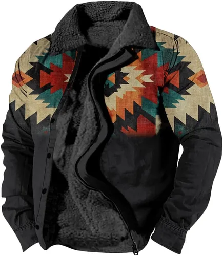 Vista 14 de LOAIHA Chaqueta de invierno para hombre, chaqueta azteca occidental para hombre, con cremallera, forro polar cálido, chaqueta vaquera, étnica vintage