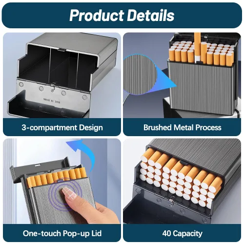 Vista 4 de Estuche para cigarrillos (40 capacidades), funda de aluminio cepillado para cigarrillos con cierre superior magnético sólido, caja protectora