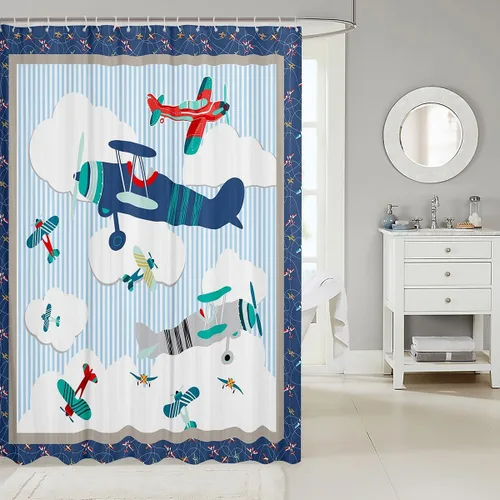 Vista 2 de Cortina de ducha de avión para niños, cielo azul y nubes blancas, juego de cortina de ducha para niños y adultos, cortina de baño moderna