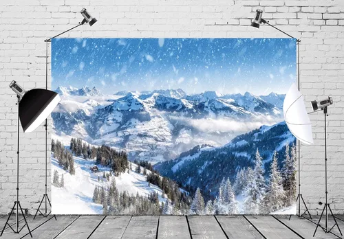 Vista 4 de BELECO Telón de fondo de escena de nieve de invierno de 8 x 6 pies, montañas, abetos, bosque, invierno, nevadas, fondo de nieve, Navidad, Año Nuevo