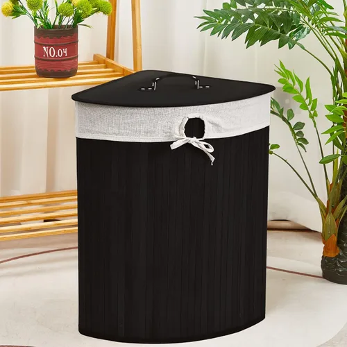 Vista 7 de Gueevin Cesta de bambú de esquina para la ropa sucia con tapa y forro extraíble, cesta de lavandería de bambú con asa, cesta de almacenamiento