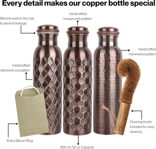 Vista 4 de Alpha Living Home Pure Copper Water Bottle Set of 3 - Handcrafted Drinking Bottles with Hammered, Diamond & Honeycomb Design - Leak Proof Wide Mouth