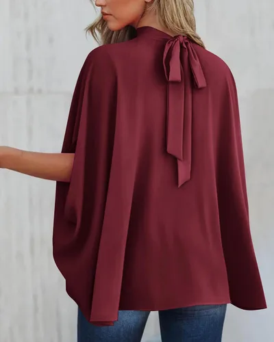 Vista 113 de BTFBM Blusas de verano para mujer, cuello alto falso, manga murciélago, holgadas, dobladillo alto y bajo, blusas informales de gran