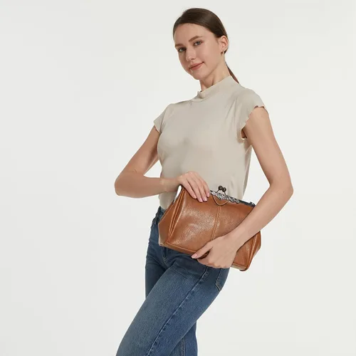 Vista 3 de Bolsos vintage para mujer Kiss Lock para mujer, cuero aceitado, bolso de mano