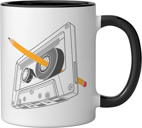 Vista 2 de Vintage Rewind Funny 80s 90s Cassette Pencil Gift Men Women Ceramic Mug, Black/White