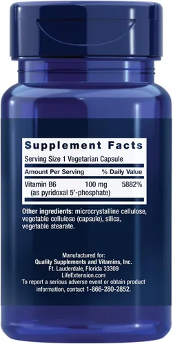 Vista 2 de Life Extension Pyridoxal 5'-Fosfato 100 mg P5P – Vitamina esencial B6 para la salud del corazón, los nervios y los ojos – Suplemento de glucosa