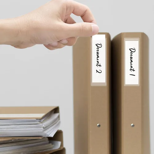 Vista 7 de Thinp 120 bolsillos autoadhesivos, etiquetas transparentes para carpetas de archivos de 1 x 3 pulgadas, bolsillos adhesivos transparentes con parte