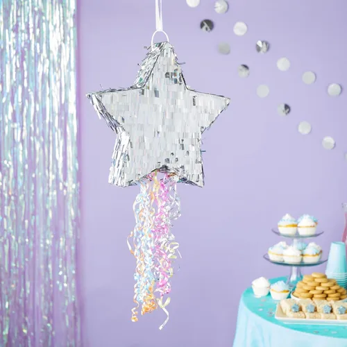 Vista 2 de Sparkle and Bash Piñata de estrella con cuerdas de tracción, plata, 13 x 13 x 3 pulgadas, decoración de cumpleaños temática espacial y suministro
