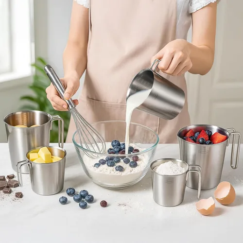 Vista 7 de Newness Juego de 2 tazas medidoras de acero inoxidable (3 marcas, incluye escala de taza/ml/onza) (2 y 3 tazas) taza medidora de metal con asa