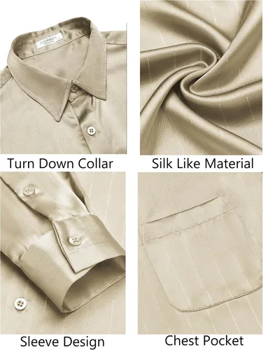 Vista 5 de COOFANDY Camisa de vestir de satén de lujo para hombre, de seda brillante, manga larga, con botones, camisa de boda, fiesta, baile de graduación
