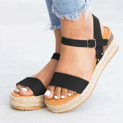 Vista 3 de Sandalias de cuña para mujer, alpargatas casuales con puntera abierta, correa de hebilla en el tobillo, sandalias de plataforma impermeable