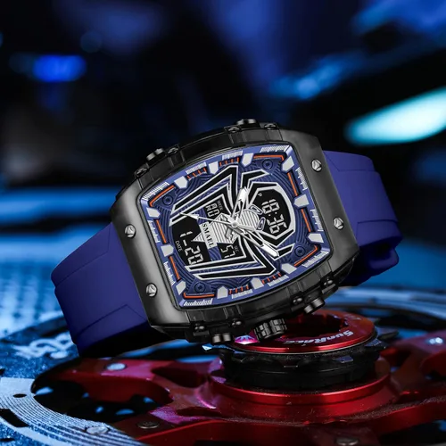 Vista 2 de SMAEL Watches for Men Unique Square Blue Wristwatch with Digital Analog Dual Time Display Countdown Stopwatch Punk Cool Design 5ATM Waterproof 8116
