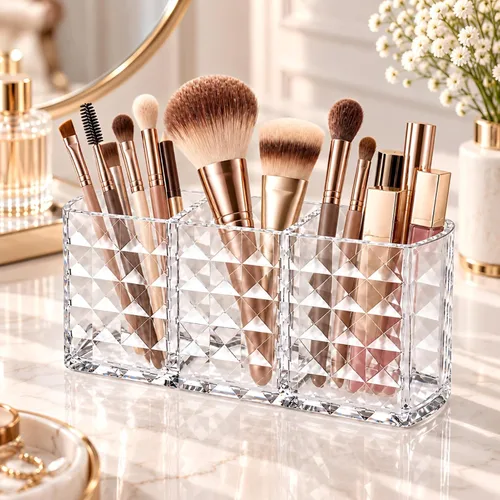 Vista 9 de MOSIKER Soporte para brochas de maquillaje para tocador, acrílico transparente, pequeño, compacto, delineador de labios, delineador de labios