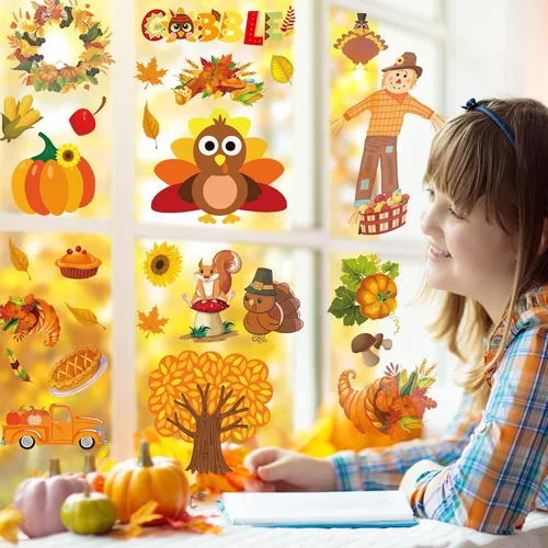 Vista 5 de Decoración de Acción de Gracias para ventana, 10 hojas de calcomanías de ventana de Acción de Gracias para niños, hogar, oficina, aula, fiesta