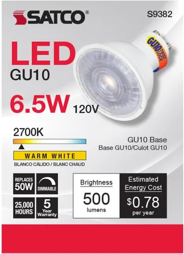 Vista 6 de Satco S9382-6.5 W MR16 Bombilla reflectora LED, luz blanca cálida de 2700 K, 500 lúmenes, ángulo de haz de 40 grados, base de dos pines GU10