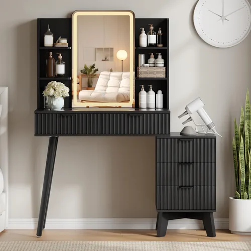 Vista 3 de Escritorio de maquillaje acanalado con espejo y luces, tocador blanco moderno de 42 pulgadas para espacios pequeños, tocador blanco con 5 cajones