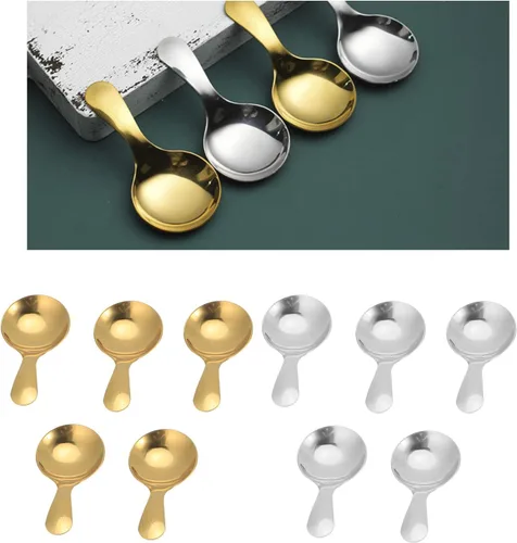 Vista 8 de Watris Veiyi - 5 cucharas de mango corto para condimentos de azúcar, café, té Cucharas pequeñas para postres de sal, mini cucharas doradas