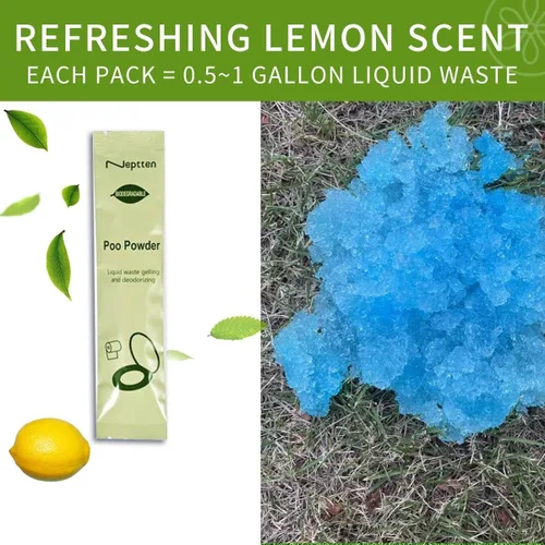 Vista 2 de Polvo de inodoro portátil. Aseo al aire libre. Neutraliza el olor/gel de acción rápida. Seguro y fácil de usar. Productos químicos para inodoro
