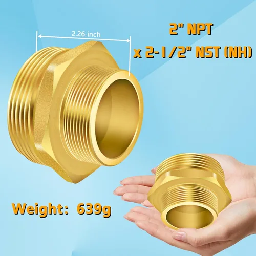 Vista 5 de Conector de rosca hexagonal para hidrante de fuego, 2" NPT x 2-1/2" NST (NH) macho Adaptador de manguera de hidrante de fuego doble macho Conector