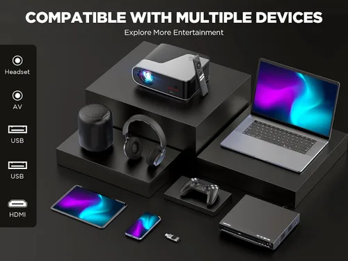 Vista 7 de [Auto Focus/Auto Keystone] Proyector inteligente con WiFi y Bluetooth, Dolby Audio, DBPOWER Native 1080p Projector, proyector de película 600ANSI