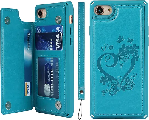 Vista 11 de iCoverCase Funda compatible con iPhone SE 2022/SE 2020/7/8 con soporte para tarjetas, funda tipo cartera para mujer, con bloqueo RFID en relieve