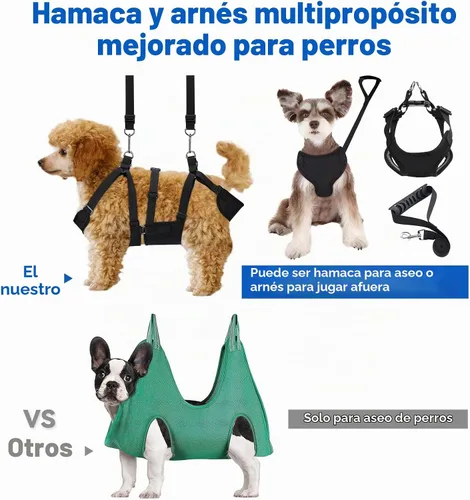 Vista 2 de Hamaca de aseo para mascotas 2 en 1 con arnés sin tirones, se desmonta en correa, bucle ajustable, ganchos de acero inoxidable, tamaño pequeño