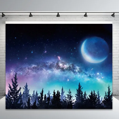 Vista 2 de Telón de fondo de cielo nocturno estrellado para fotografía, 10 x 8 pies, vista nocturna del bosque, telón de fondo para fotos, universo galaxia