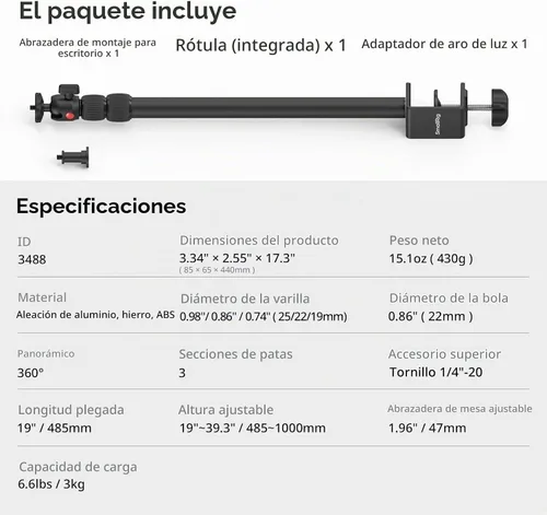 Vista 8 de SMALLRIG Soporte C para cámara, trípode de mesa ajustable de 15 a 35 pulgadas Tabletop C Clamp Light Stand for Webcam, DSLR Camera, Ring Light