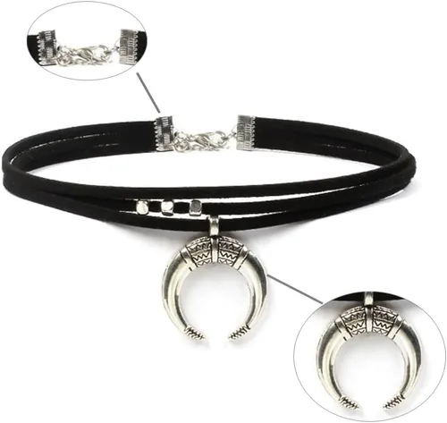 Vista 5 de FMR Gargantilla de luna creciente para mujer, collar de luna, collar de terciopelo negro, collar vintage de múltiples capas, collar con colgante