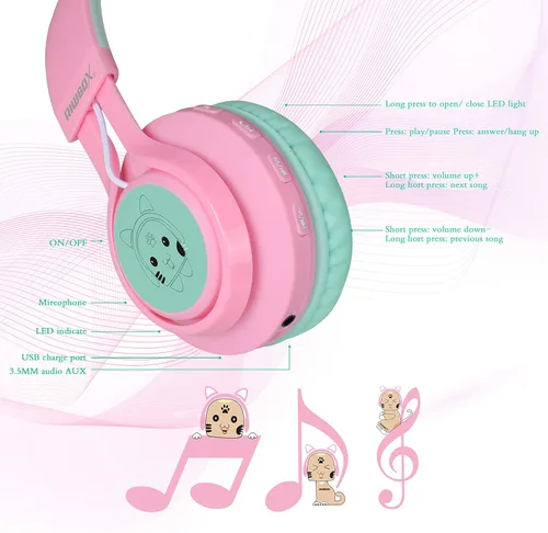 Vista 5 de Riwbox CT-7 - Auriculares Bluetooth para niños, con luz LED, inalámbrico, con micrófono y control de volumen para viajes, escuela, teléfonos
