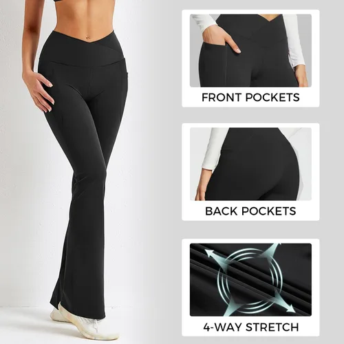 Vista 4 de Buauty Leggings negros acampanados, pantalones de yoga para mujer, pantalones acampanados negros, corte de bota, ropa casual de entrenamiento