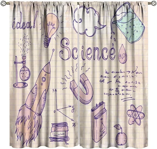 Vista 43 de Cortinas opacas para ventanas de ciencia para niños, lupa de libro de laboratorio de ciencia, lupa, frascos moleculares, cortinas impresas