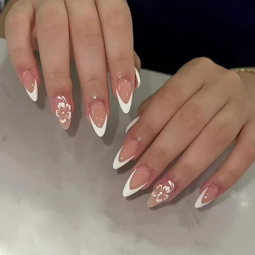 Vista 24 de Uñas postizas cortas en forma de almendra SWEKKE con punta francesa, uñas falsas con diseños de flores 3D en amarillo y rosa, uñas adhesivas
