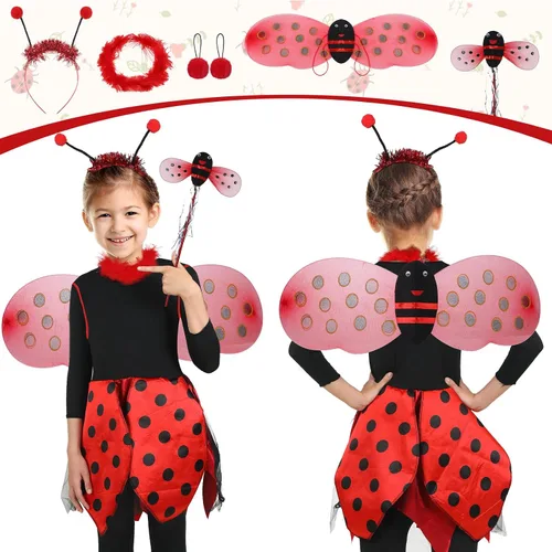 Vista 6 de Laumoi Ladybug Costume for Girls Ladybird Dress Fuzzy Leg Warmers Wing Pants Gloves Ladybug Outfit for Halloween Dress up